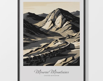 Paper Art Print of Mourne Mountains, Black Beige Landscape Poster