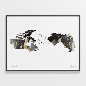 Impresión de Canadá a Guinea, regalo guatemalteco, cartel de mapa de dos países de mármol, arte de viaje, regalo de viaje al extranjero, C22-670