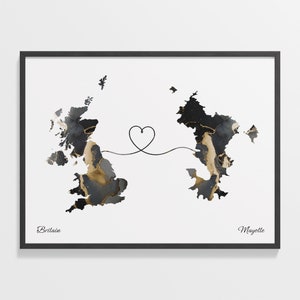 Britain to Mayotte Print, Mahoran Gift, Marble Two Countries Map Poster, UK Wall Art, Emigration, C22-318
