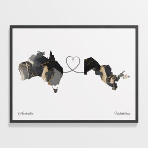 Australien Usbekistan Druck, Usbekistan Geschenk, Marmor Zwei Länder Karte Poster, Reisekunst, Länder Herz Geschenk, C22-988