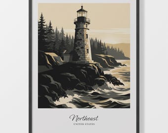 Northeast Lighthouse Poster, Coastal Landscape on Matte Paper