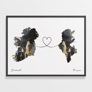 Ireland to Tunisia Print, Trinidadian Gift, Marble Two Countries Map Poster, Travel Art, Expatriate Map, C22-1178