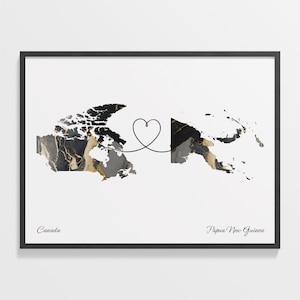 Canada to Papua New Guinea Print, Panamanian Gift, Marble Two Countries Map Poster, Travel Art, Gap Year, C22-738
