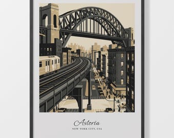Astoria Art Print, Black Beige Cityscape with Steel Bridge and Train Tracks