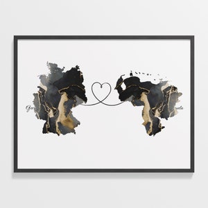 Venezuela Druck, Venezulaner Geschenk, Marmor Zwei Länder Karte Poster, Reisekunst, Länder Herz Geschenk, C22-592