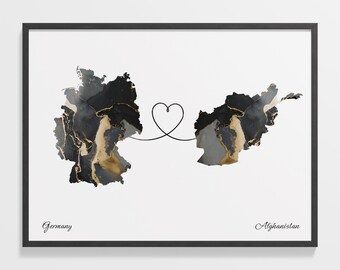 Germany Afghanistan Map Print: Marble Two Countries Art