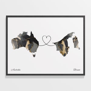 Australien Brunei Druck, Brasilien Geschenk, Marmor Zwei Länder Karte Poster, Reisekunst, Beziehungskarte, C22-821