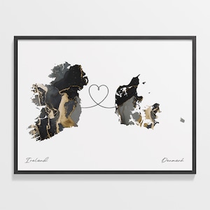 Puede incluir: Un mapa abstracto de Irlanda y Dinamarca en negro y dorado, conectados por una línea con una forma de corazón en el medio. Los textos "Irlanda" y "Dinamarca" están escritos debajo de los mapas.