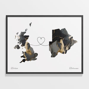 Britain to Botswana Print, Motswana Geschenk, Marmor Zwei Länder Karte Poster, UK Wandkunst, Freundschaftsgeschenk, C22-223