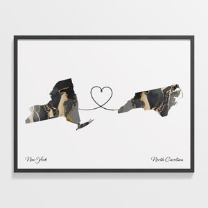 New York to North Carolina Druck, Nordcarolinian Geschenk, Marmor zwei Länder Karte Poster, Reisekunst, globale Liebe Geschenk, C22-1378
