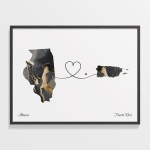 Illinois to Puerto Rico Print, Puerto Rican Gift, Marble Two Countries Map Poster, Travel Art, Farewell, C22-1494