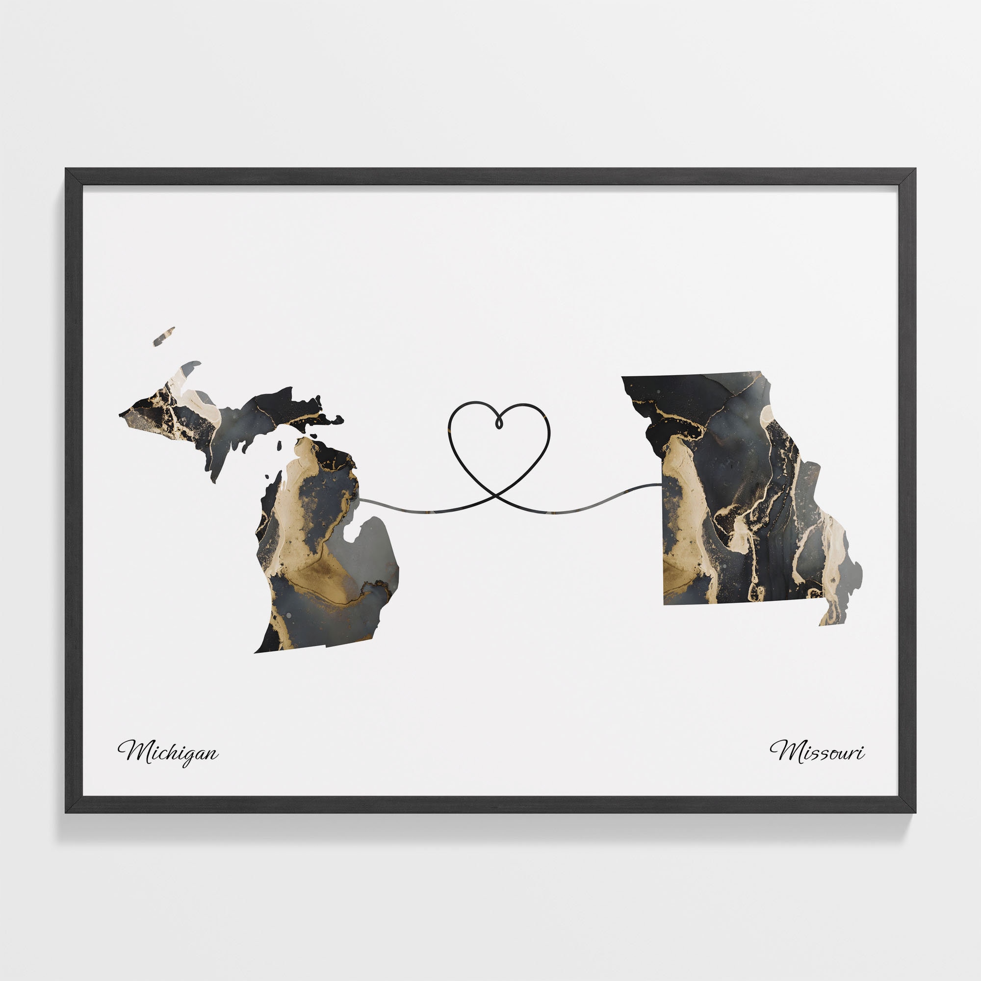Michigan to Missouri Print, Missourian Gift, Marble Two Countries Map Poster, Travel Art, Overseas Love Gift, C22-1687