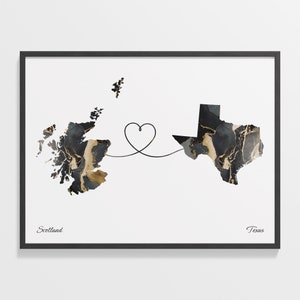 Scotland to Texas Print, Texan Geschenk, Marmor Zwei Länder Karte Poster, Reisekunst, Global Love Geschenk, C22-1740