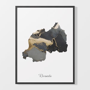 Rwanda Art Print, Rwandan Map Poster, Elegant Country Artwork, Black and Gold RW Painting, Modern art piece, C25-153