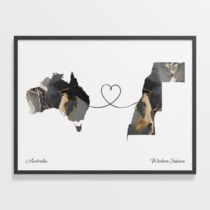 Australia to Western Sahara Print, Sahrawi Gift, Marble Two Countries Map Poster, Travel Art, Faraway Love Map, C22-992