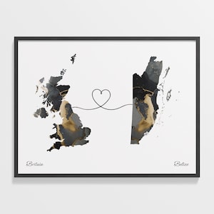Großbritannien nach Belize Druck, Belize Geschenk, Marmor zwei Länder Karte Poster, UK Wandkunst, Reisegeschenk, C22-217