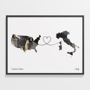 USA Italien Print, Italienisches Geschenk, Marmor Zwei Länder Karte, US Wandkunst, Auswandlung, C22-89