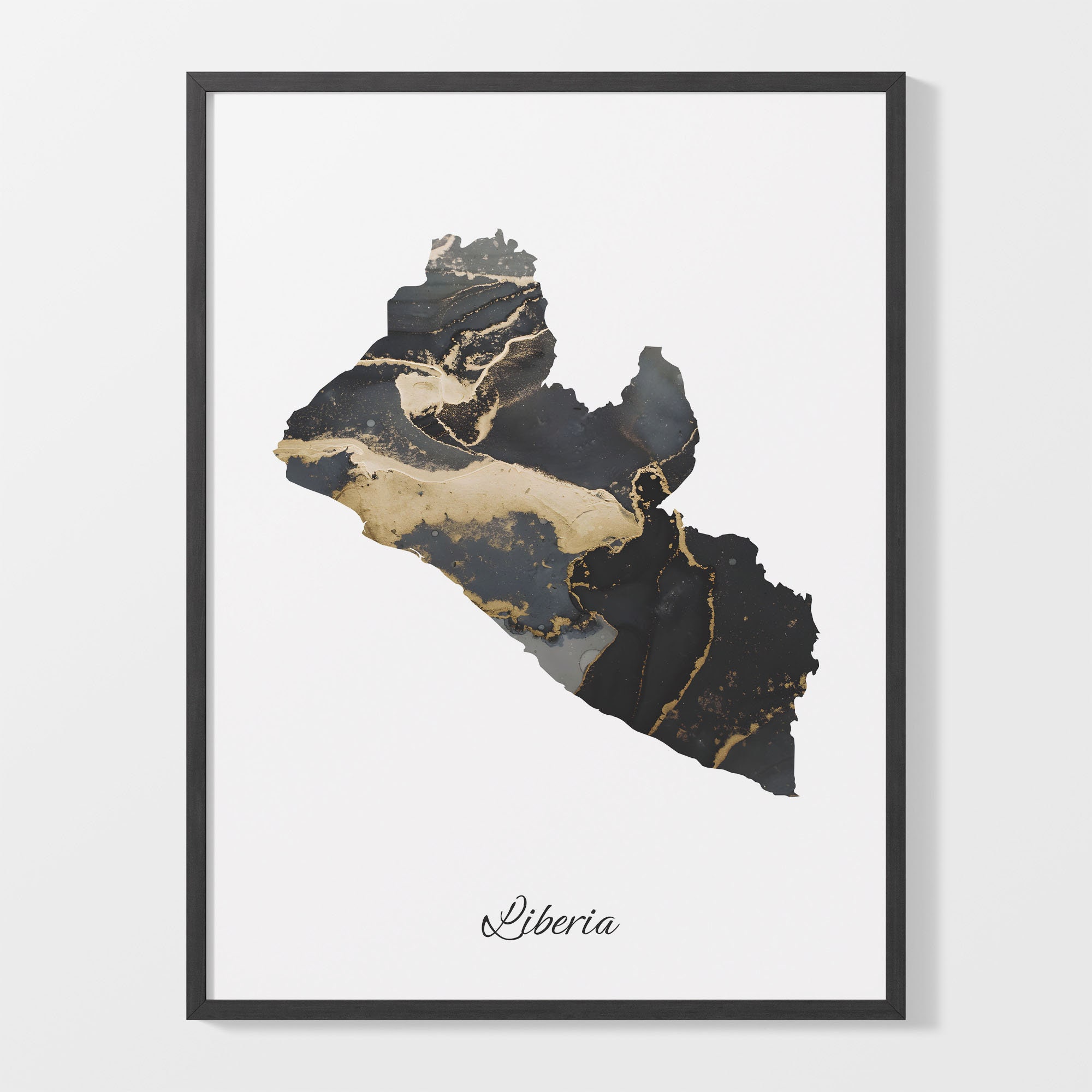Liberia Art Print, Liberian Map Poster, Elegant Country Artwork, Black and Gold LR Painting, Chic wall print, C25-104