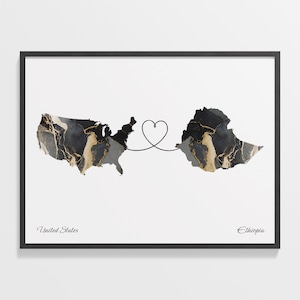 USA to Ethiopia Druck, Äthiopische Geschenk, Marmor zwei Länder Karte Poster, US Wand Kunst, Willkommen zu Hause Geschenk, C22-58