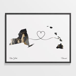 New York Hawaii Print, Hawaiianisches Geschenk, Marmor Zwei Länder Karte Poster, Reisekunst, Auslandsreise, C22-1362