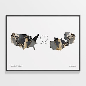 USA to Sambia Print, Sambische Geschenk, Marmor zwei Länder Karte Poster, US Wand Kunst, Faraway Liebe, C22-198