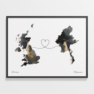 Britain to Myanmar Print, Burma Geschenk, Marmor Zwei Länder Karte Poster, UK Wandkunst, Beziehungskarte, C22-326