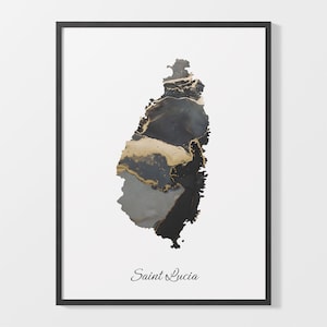 Saint Lucia Art Print, Saint Lucian Map Poster, Elegant Country Artwork, Black and Gold LC Painting, Gallery quality map, C25-154
