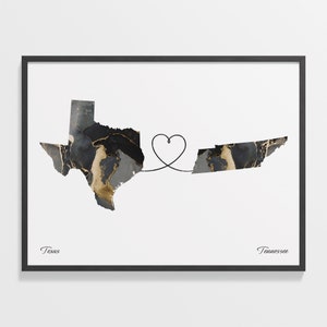 Texas to Tennessee Print, Tennessean Gift, Marble Two Countries Map Poster, Travel Art, Overseas Love, C22-1290