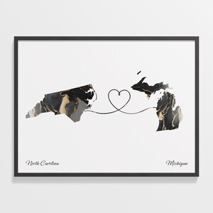 North Carolina to Michigan Print, Michigander Gift, Marble Two Countries Map Poster, Travel Art, Volunteer Gift, C22-1633