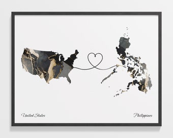 USA to Philippines Print, Filipino Gift, Marble Two Countries Map Poster, US Wall Art, Gap Year Gift, C22-145