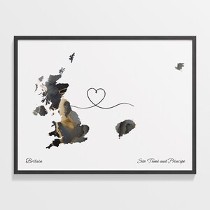 Britain to São Tomé and Príncipe Print, Santomean Gift, Marble Two Countries Map Poster, UK Wall Art, Welcome Home Map, C22-356