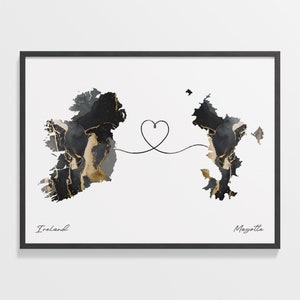 Ireland to Mayotte Print, Mauritian Gift, Marble Two Countries Map Poster, Travel Art, Friendship, C22-1113