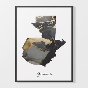 Impressão artística da Guatemala, pôster do mapa da Guatemala, arte elegante do país, pintura GT preta e dourada, arte de decoração exclusiva, C25-73