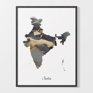 Impression d'art de l'Inde, affiche de carte de l'Inde, oeuvre d'art de pays élégante, peinture noir et or, art cadeau élégant, C25-82