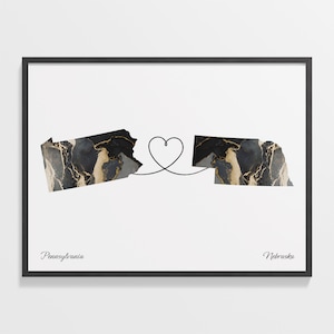 Pennsylvania to Nebraska Druck, Nebraska Geschenk, Marmor Zwei Länder Karte Poster, Reisekunst, Gap Jahr Geschenk, C22-1432