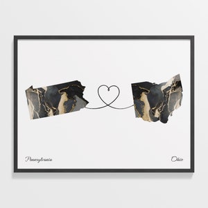 Pennsylvania naar Ohio print, Ohioan cadeau, marmer twee landen kaart poster, reizen kunst, digitale nomad cadeau, C22-1438
