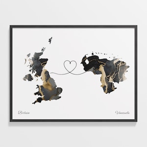 Britain to Venezuela Print, Venezulaner Geschenk, Marmor Zwei Länder Karte Poster, Wandkunst UK, Länder Herz, C22-393