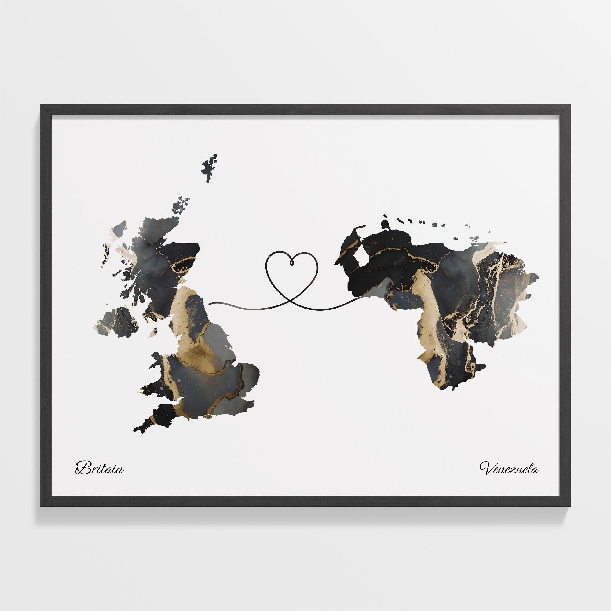 Britain to Venezuela Print, Venezuelan Gift, Marble Two Countries Map Poster, UK Wall Art, Countries Heart, C22-393