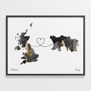 Britain to Jersey Druck, Jersey Geschenk, Marmor Zwei Länder Karte Poster, UK Wandkunst, Borderless Love, C22-291