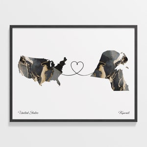 USA Kuwait Druck, Kuwait Geschenk, Marmor Zwei Länder Karte Poster, US Wandkunst, Länder Herzkarte, C22-98