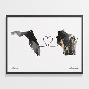 Florida to Wisconsin Print, Wisconsinite Geschenk, Marmor Zwei Länder Karte Poster, Reisekunst, Continental Love, C22-1348