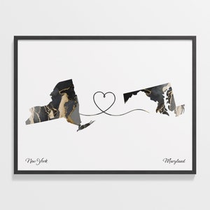 New York to Maryland Print, Marylander Geschenk, Marmor Zwei Länder Karte Poster, Reisekunst, Zuhause im Ausland, C22-1371