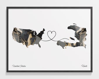 USA Haiti Map Print: Marble Two Countries Wall Art