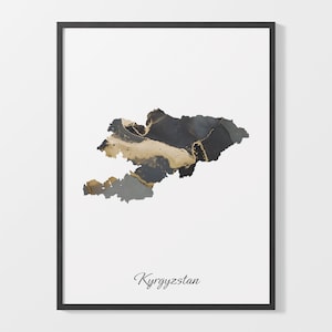 Kyrgyzstan Art Print, Kyrgyz Map Poster, Elegant Country Artwork, Black and Gold KG Painting, Decorative wall art, C25-99