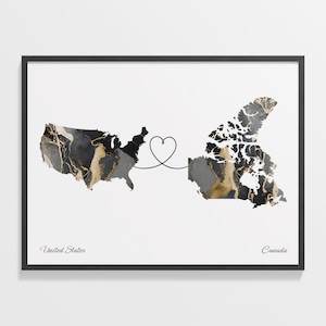 USA to Canada Print, Canadian Gift, Marble Two Countries Map Poster, US Wall Art, Expat Map, C22-32