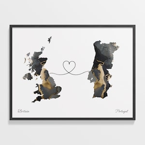 Großbritannien nach Portugal Druck, Portugiese Geschenk, Marmor Zwei Länder Karte Poster, Wandbild für Volontär, Geschenk, C22-346