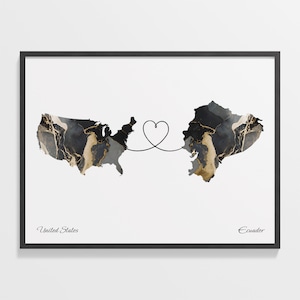 Impressão dos EUA ao Equador, presente equatoriano, pôster de mapa de dois países em mármore, arte de parede dos EUA, presente nômade digital, C22-52