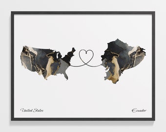USA to Ecuador Print, Ecuadorian Gift, Marble Two Countries Map Poster, US Wall Art, Digital Nomad Gift, C22-52