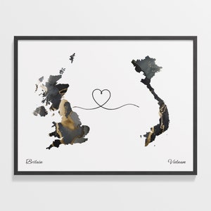 Großbritannien zu Vietnam Druck, Vietnamesisch Geschenk, Marmor zwei Länder Karte Poster, UK Wandkunst, Länder Herz Geschenk, C22-394