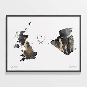 Großbritannien nach Algerien Druck, Algerier Geschenk, Marmor zwei Länder Karte Poster, Wandkunst Großbritannien, Übersee Liebe Geschenk, C22-202
